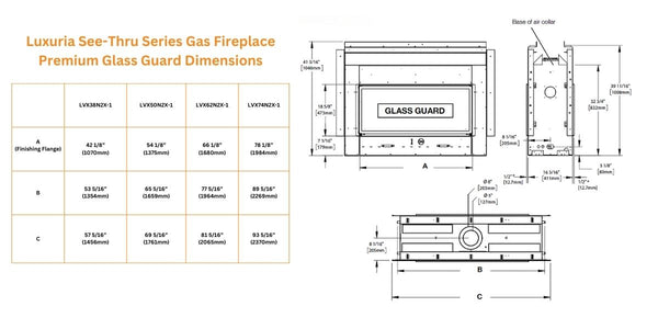 Luxuria See-Thru Series Gas Fireplace Premium Glass Guard Dimensions