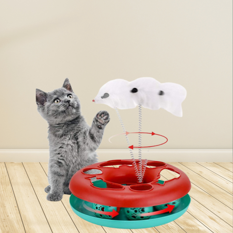 un chat gris qui joue avec un jouet interactif