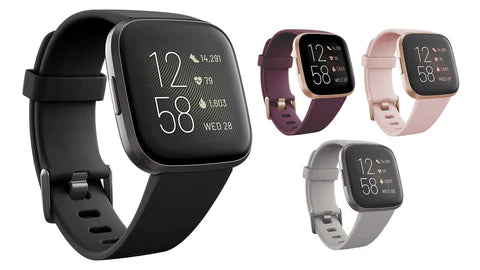 fitbit versa 2 sports smart watch in black, purple, pink and grey