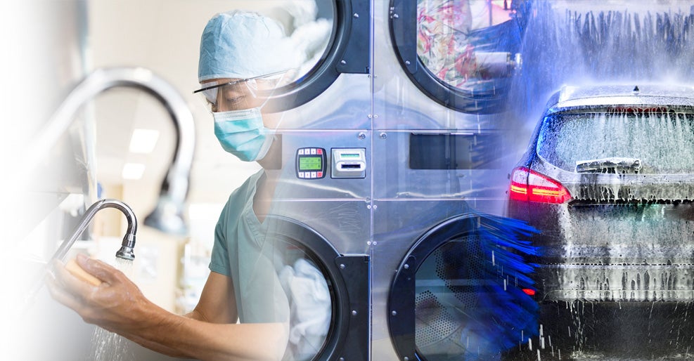 Dr washing hands, Laundry mat and a car wash