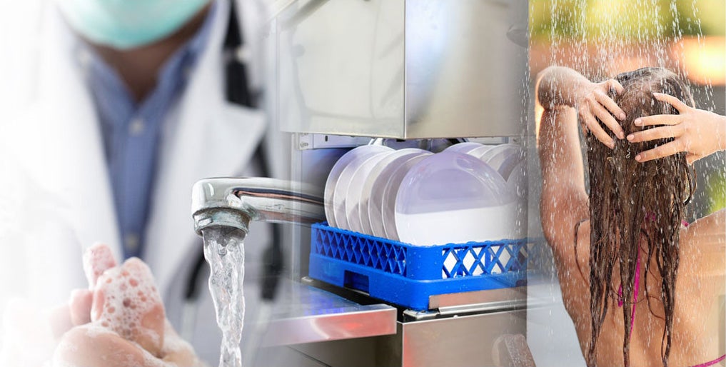 Doctor Washing Hands, Dishwashing Machine in a Restaurant showing clean dishes, Woman washing her hair