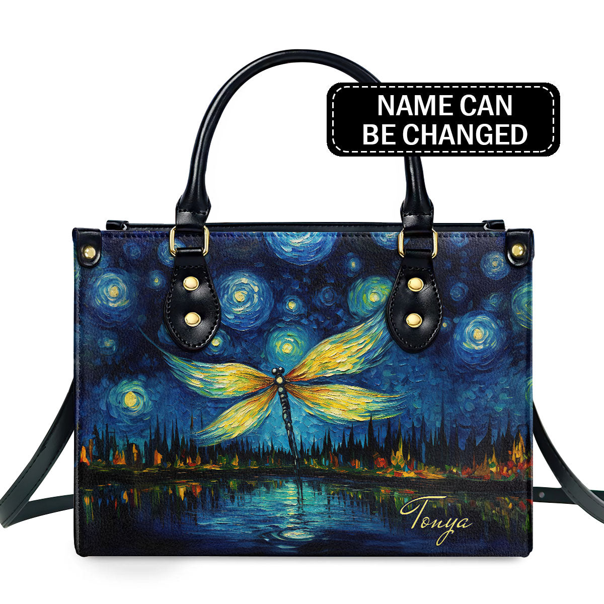Dragonfly In The Starry Night Style - Personalized Leather Handbag MSM20