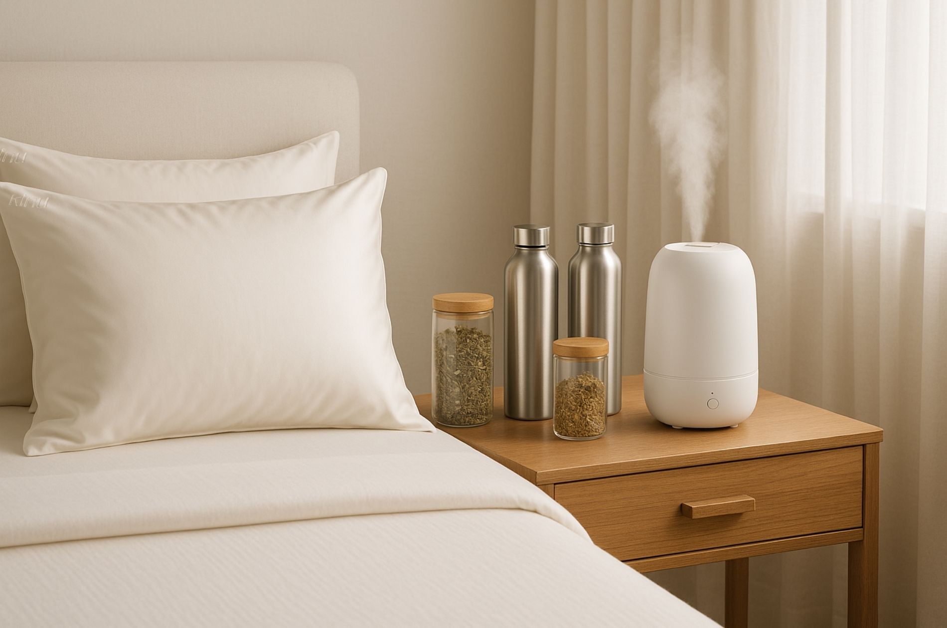 Habitación minimalista con funda de almohada de seda marfil, humidificador, infusiones naturales y botellas térmicas: un entorno ideal para mejorar el confort de enfermos en casa.