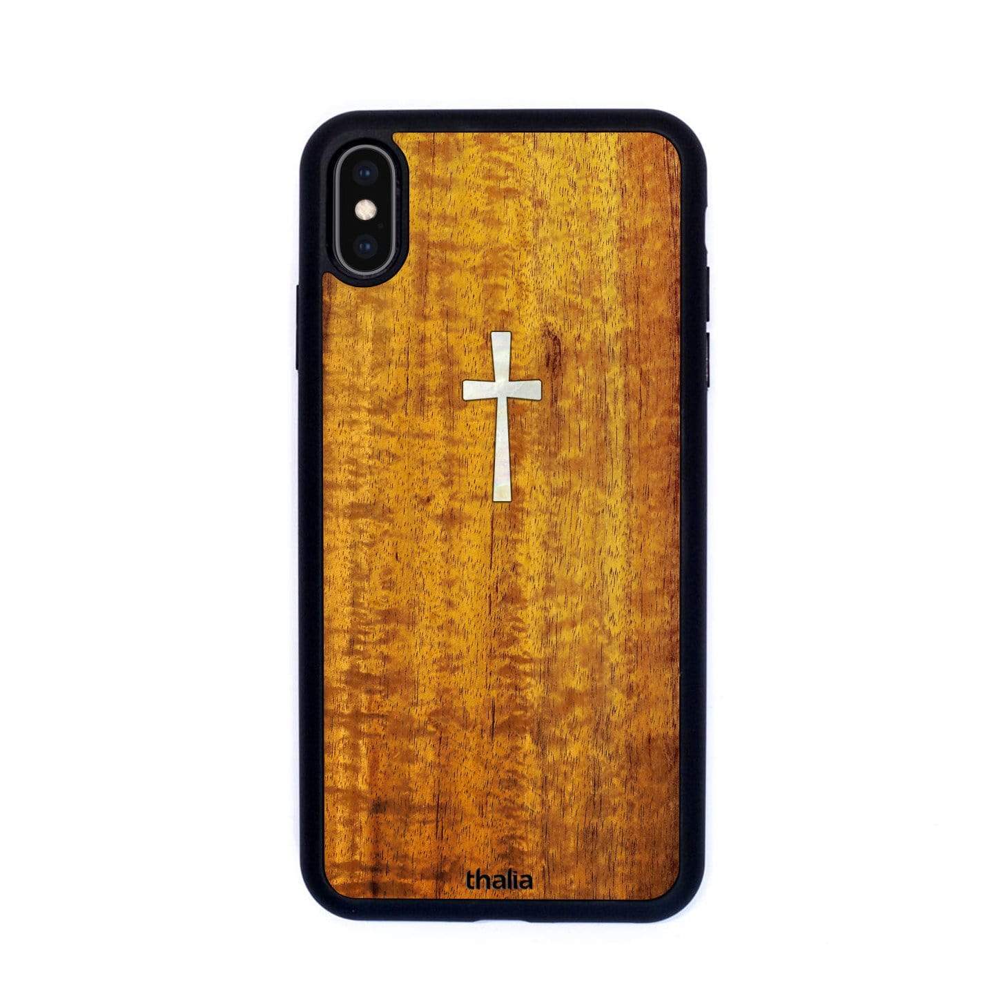 a Curly Hawaiian Koa Cross Mop Inlaid Phone Case Thalia Exotic Wood Cases