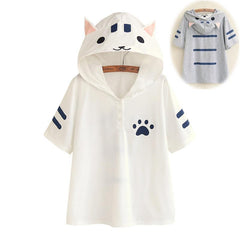 White/Gray Kawaii Cat Summer Hoodie Shirt SP166968