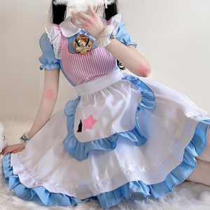 Kawaii Blue White Sweet Stars Lolita Cosplay Maid Dress Ss1962