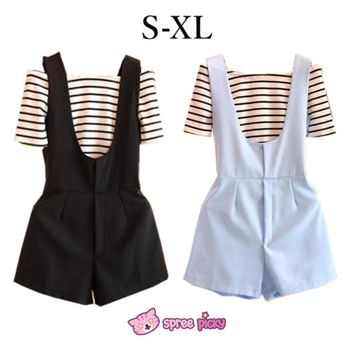 Final Stock! Blue 2 Pieces Set Stripes Top and Jumpsuit Shorts SP151867 Kawaii Aesthetic Fashion - SpreePicky