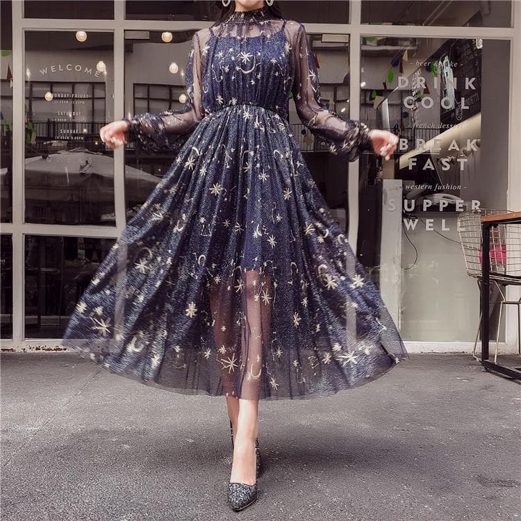 Navy/Beige Starry Layered Tulle Long 
