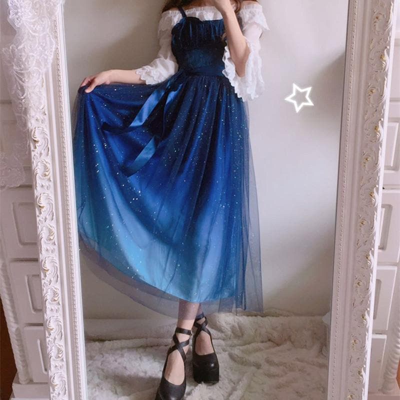 Galaxy Blue Black Starry Fairy Dress Sp