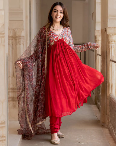 Ethnic Red Muslin Kalidaar Suit with Zari & Gota