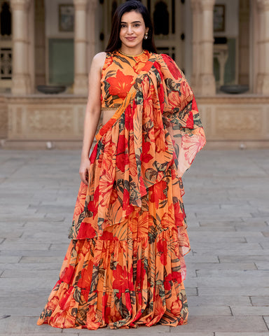 Vibrant Tangerine Flora & Tropical Saree With Patterns