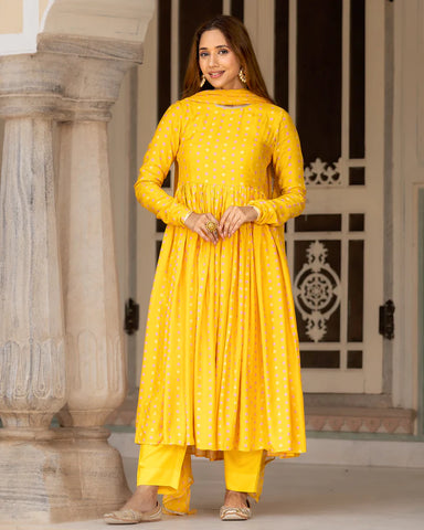 Vibrant Yellow Bandhej Anarkali Suit Set in Muslin Fabric