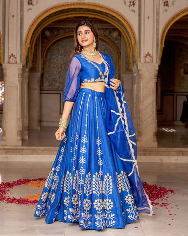 Chic blue lehenga set featuring delicate and stylish Gota detailing