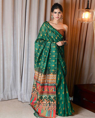 Chic green Ikat Pichwai saree with a fusion of contemporary and traditional designs