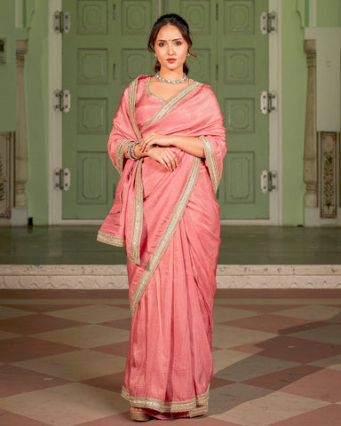 Chic rose tissue saree set featuring a timeless design, perfect for special occasions
