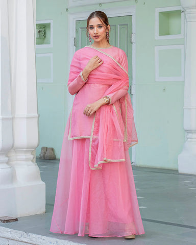 Chic sharara set in rose tissue fabric, perfect for a stylish occasion