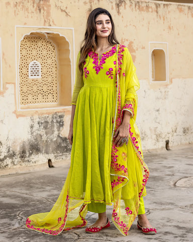 Elegant Lime Green Aari Work Suit Set in Kota Doria Fabric