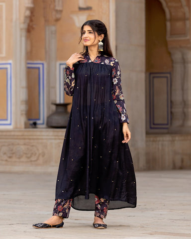 Elegant Midnight Black Kalamkari Muslin Kurta Set