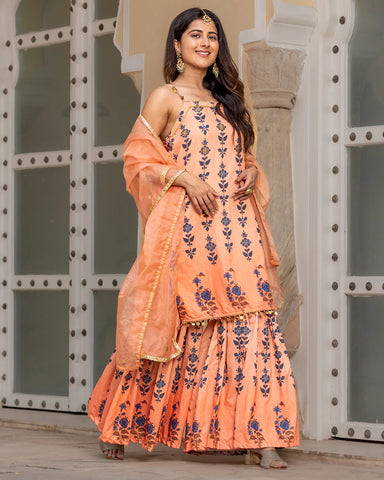 Elegant Peach Printed Sharara Set in Muslin Fabric