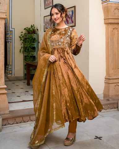 Elegant brown velvet suit set in classic Kalidaar style