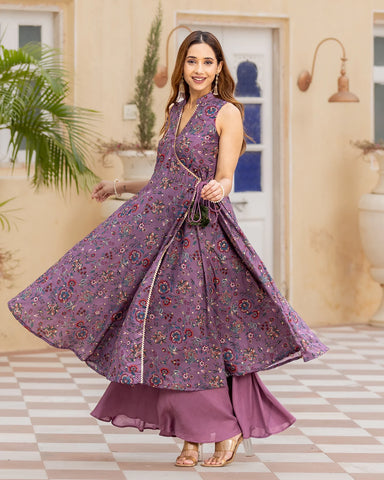 Elegant purple-mauve Kalamkari kurta set showcasing intricate traditional designs.