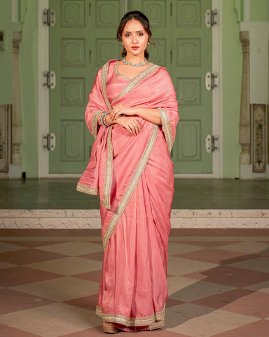 Elegant rose tissue saree set for a graceful and charming look