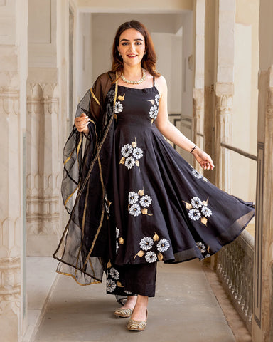 Fashionable Black Handpainted Anarkali Dress in Muslin Fabric
