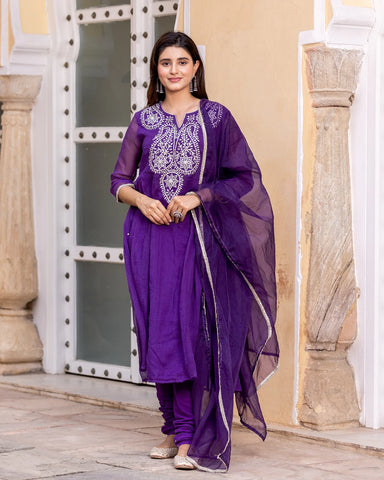 Fashionable Kaccha-gota Doria suit set in a vibrant purple color
