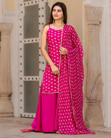 Fashionable Pink Bandhej Muslin Sharara suit Set