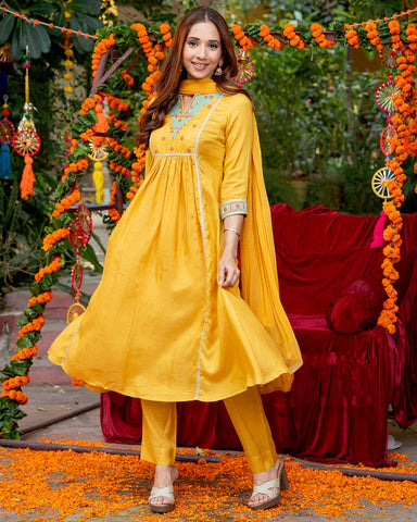 Fashionable mustard muslin suit set for any occasion