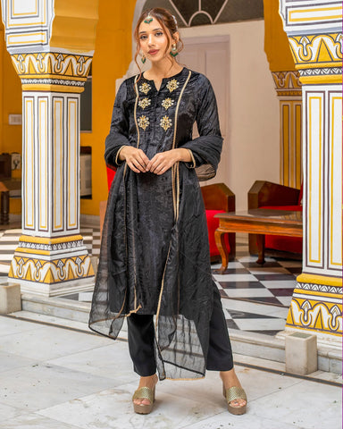 Fashionable suit set featuring ebony velvet and lovely embroidered motifs