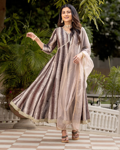 Graceful Beige Cotton Suit Set with Ajrakh Kalidaar Design