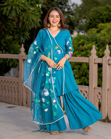 Graceful Teal Handpainted Floral Sharara Suit Ensemble in Soft Rayon Fabric