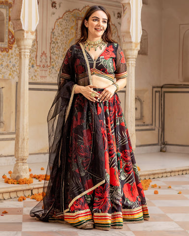 Graceful lehenga set in ebony with intricate floral and Gota patterns