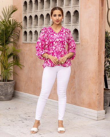 Graceful magenta pink top with intricate Ikat detailing