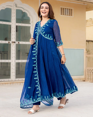 Indigo Anarkali suit set featuring intricate Aari work