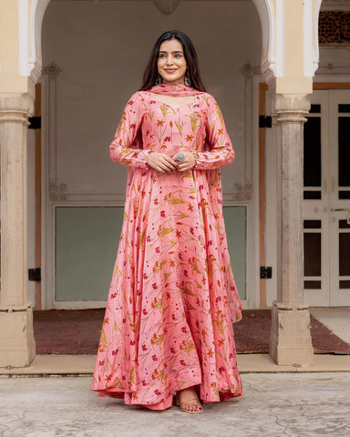 Pink Floral Anarkali Set made from Chanderi fabric