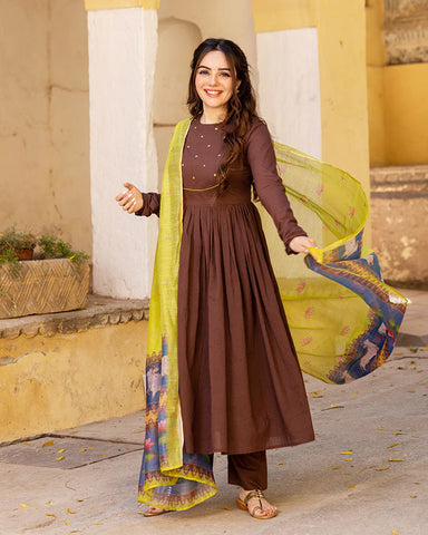 Designer Brown Cotton Chhap Suit Set with Kalamkari Print