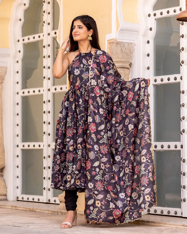 Sleek Kalamkari Anarkali suit set in a stylish ebony color, perfect for a contemporary ensemble