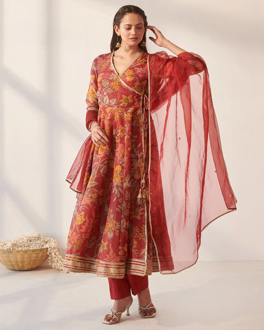 Sleek and stylish crimson suit set with a charming floral Angrakha design