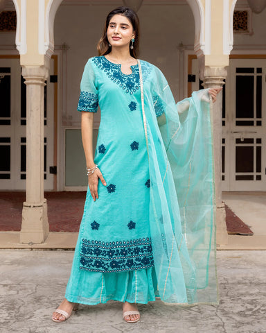 Stylish Blue Kota Doria Sharara Suit Set with Intricate Aari Work