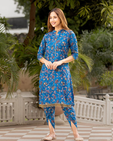 Stylish Indigo Kalamkari-print Kurta Set with intricate designs and patterns