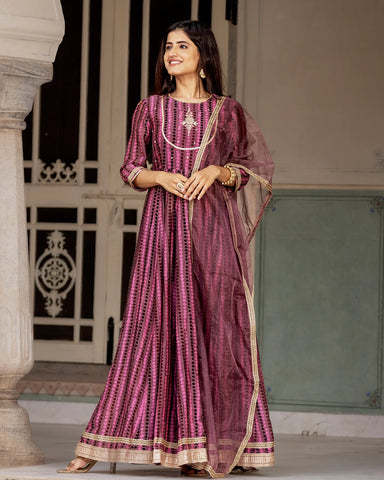 Stylish Purple Ajrakh Kalidaar Suit Set in Chanderi Fabric