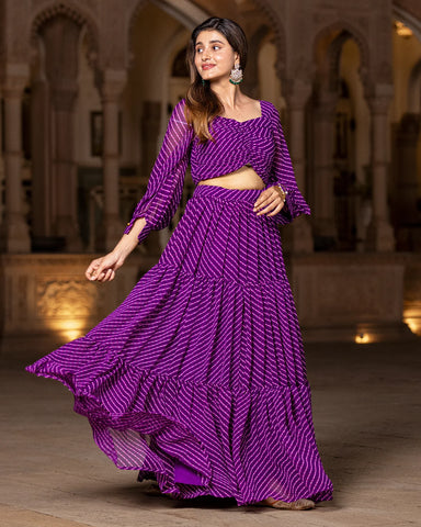 Stylish Vibrant Purple Leheriya Top & Skirt Set