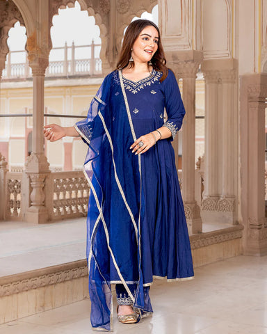 Stylish blue Kaccha Gota suit set featuring intricate embellishments