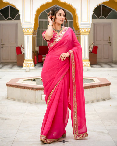 Stylish hot pink Tamba work saree with beautiful embellishments for an exquisite ensemble