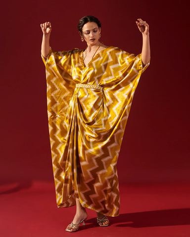 Stylish mustard kaftan with blurred chevron motifs