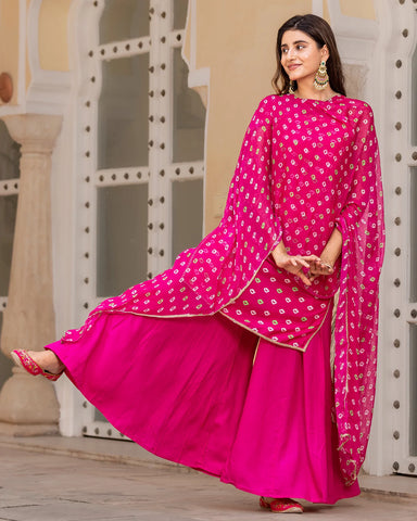 Stylish pink Bandhej Muslin sharara suit set with a blend of traditional and contemporary designs