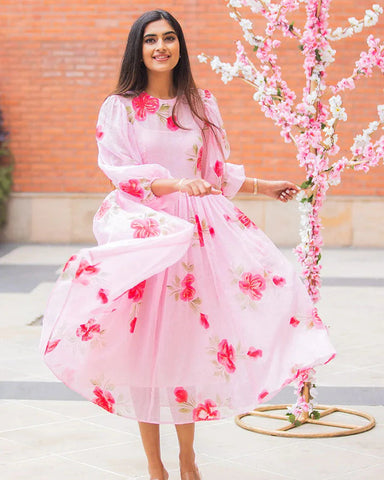 Stylish pink Doria dress featuring delicate handpainted peonies