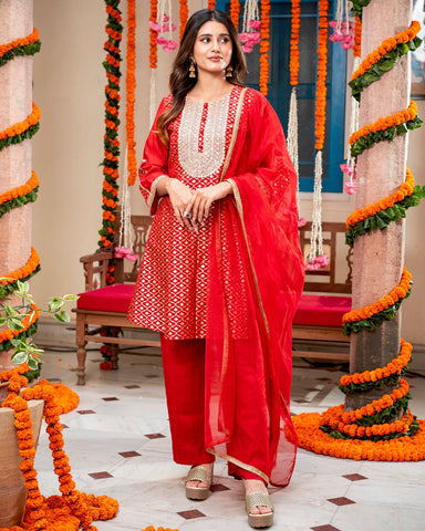 Stylish red Banarasi and Chanderi kurta set adorned with delicate and trendy details